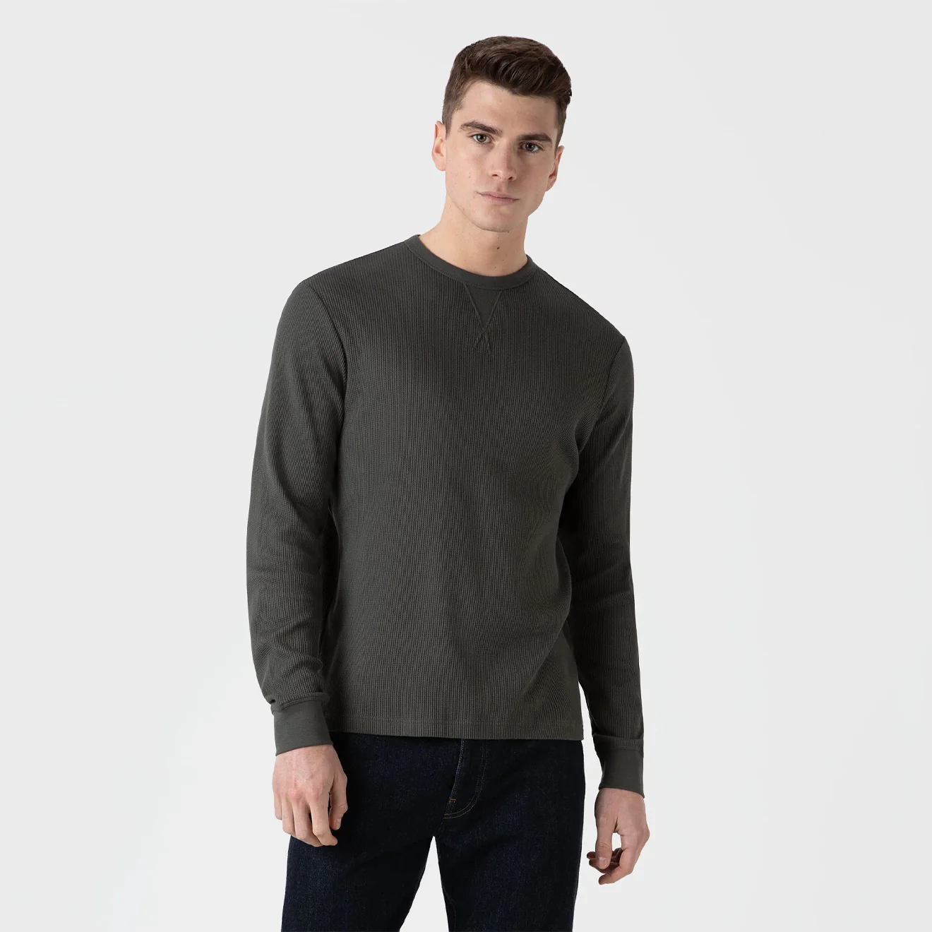 Sunspel L/S Waffle T-Shirt Drill Green - Image 2